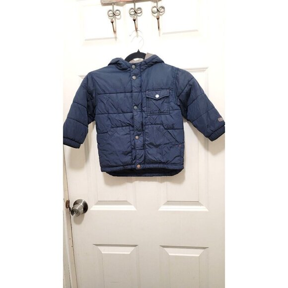 Gap Toddler Boys Navy Hooded Puffer Jacket With Front Pocket & Snap Closures Siz - Picture 2 of 14